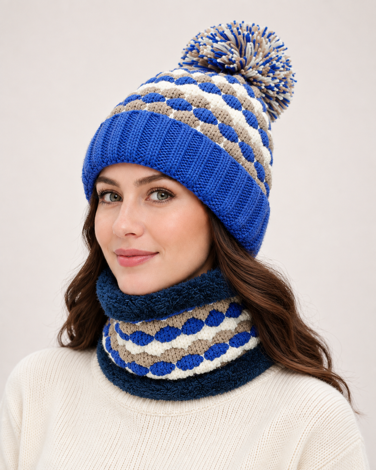 Women's Bobble Hat & Neck Warmer in Royal Blue / Hat & Neck Warmer Set