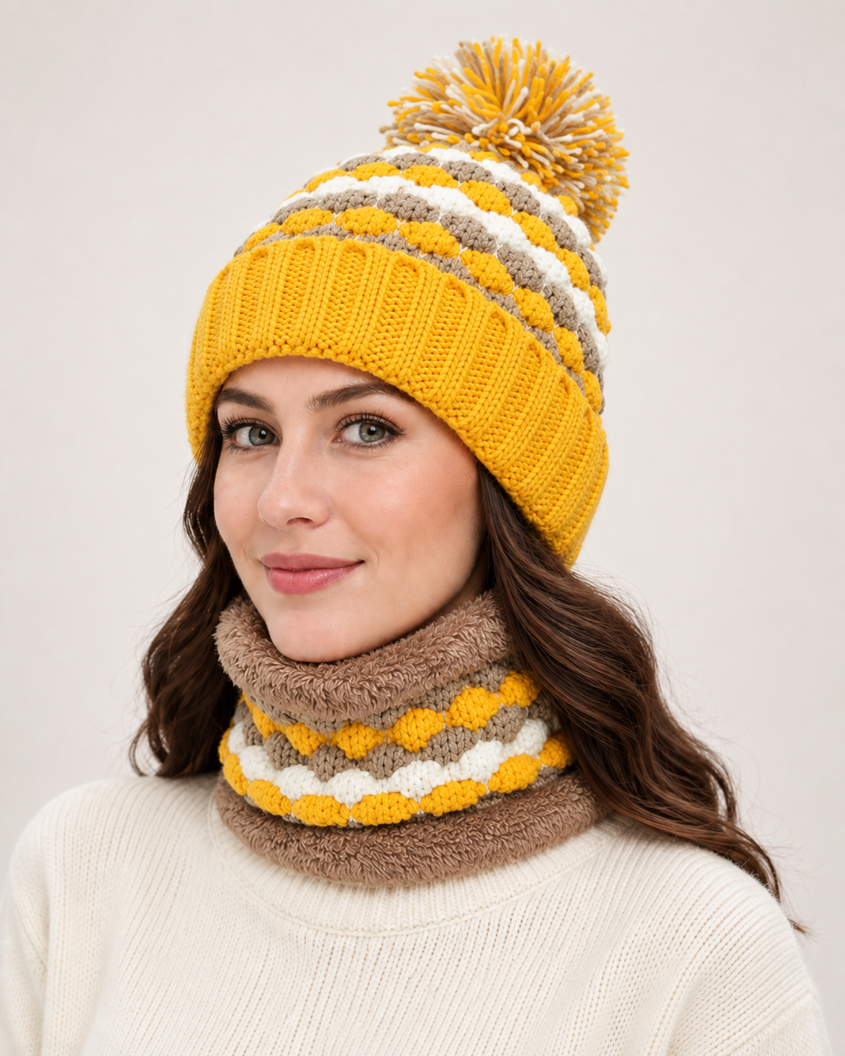 Women's Bobble Hat & Neck Warmer in Yellow / Hat & Neck Warmer Set