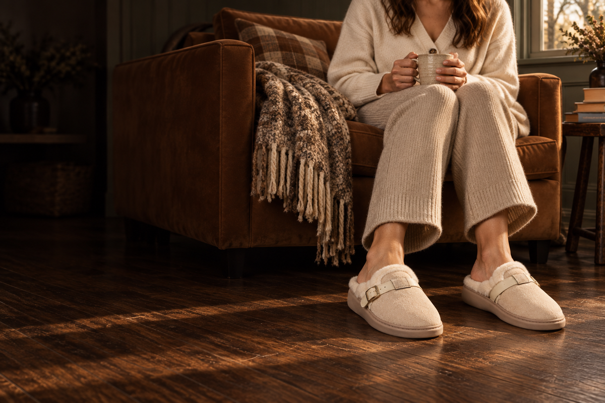 Beige buckle slippers worn with soft knit layers on a relaxed winter morning