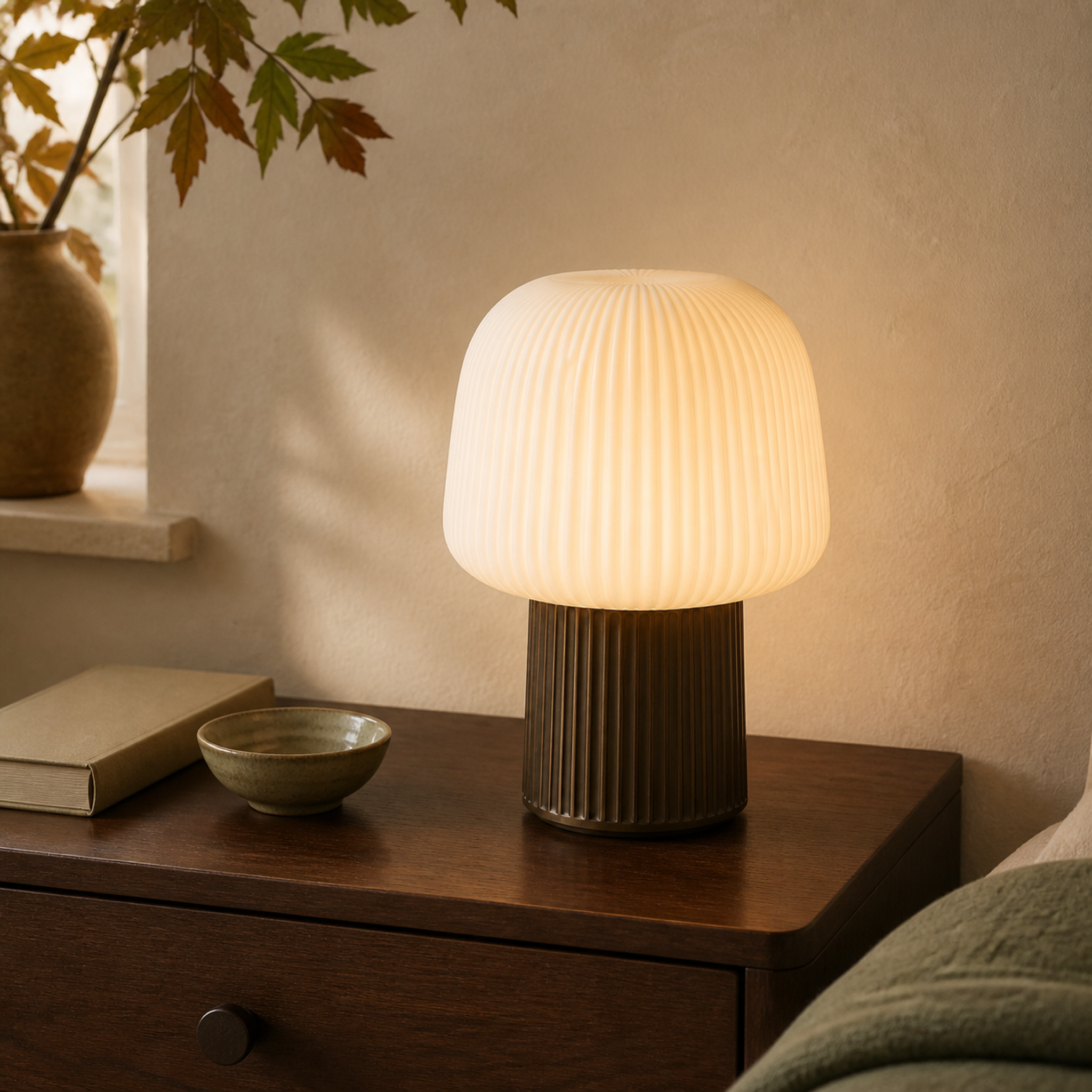 Ribbed ivory table lamp lit on a walnut bedside table