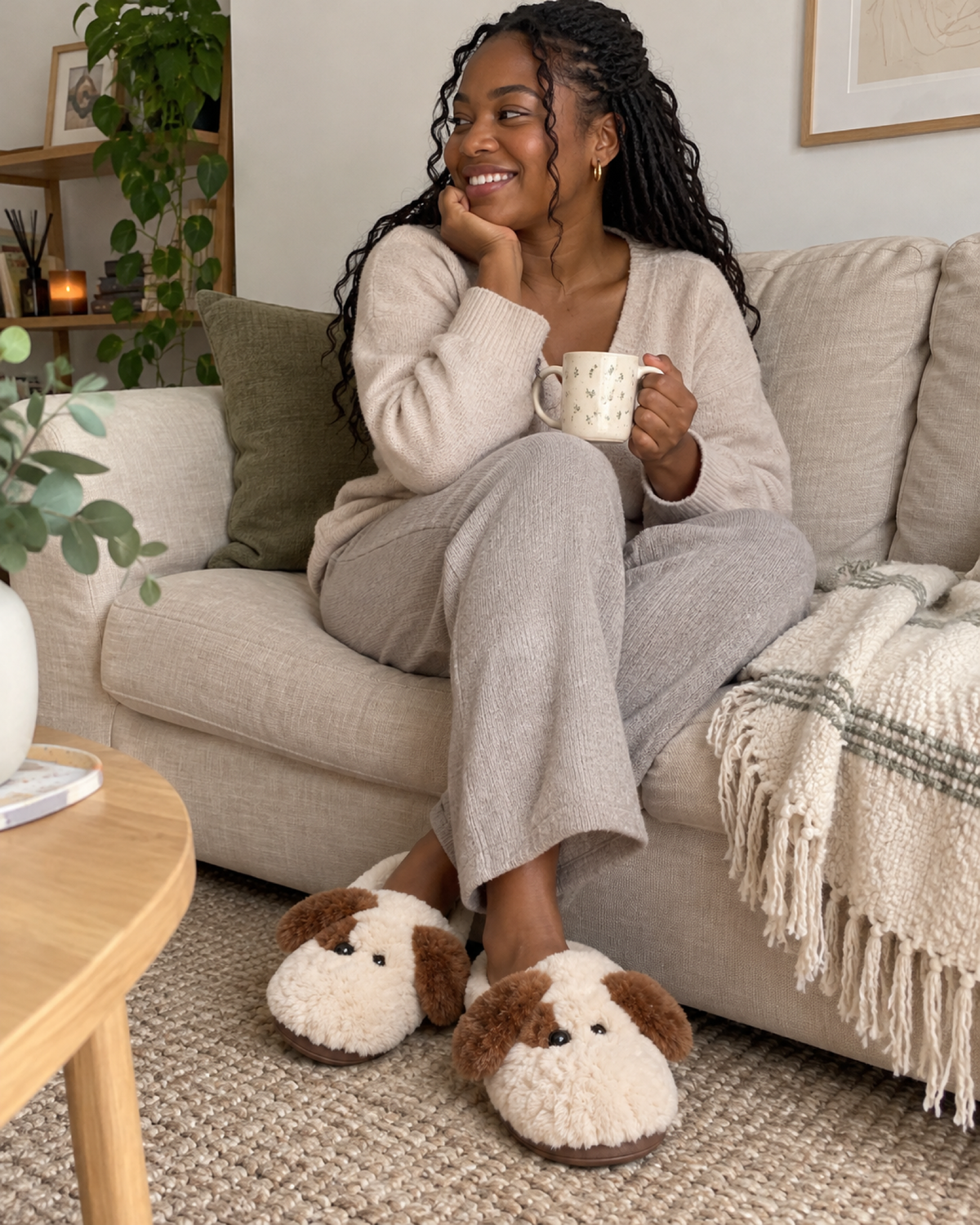 Woman relaxing at home in beige plush dog face slippers