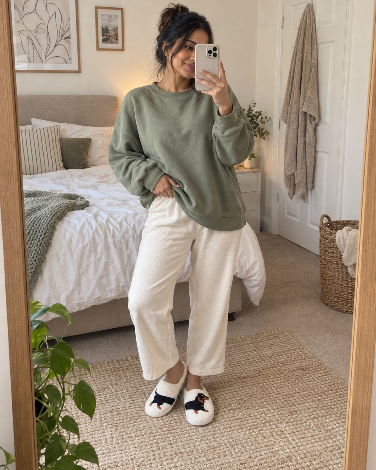 Woman taking a mirror selfie in embroidered dachshund slippers