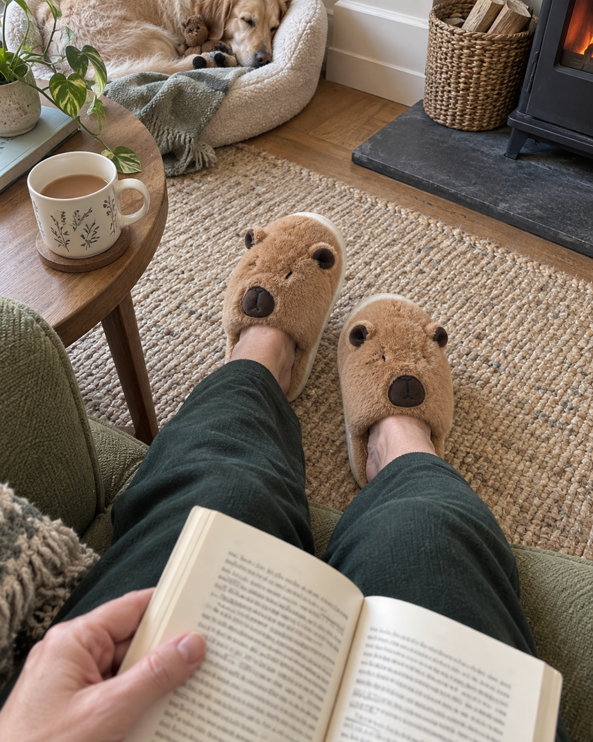 Point-of-view reading moment in brown capybara slippers