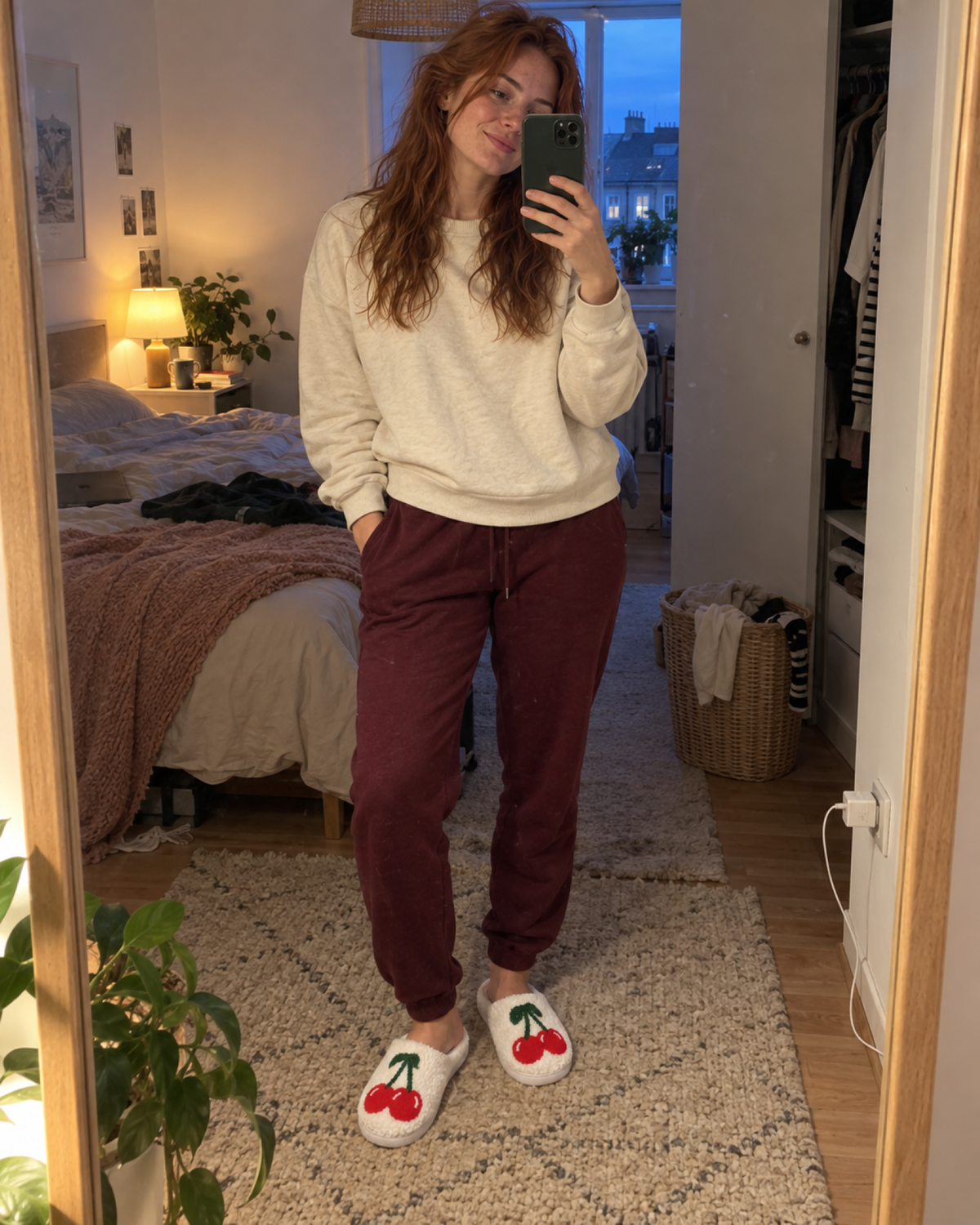 Woman taking an evening mirror selfie in cherry novelty slippers