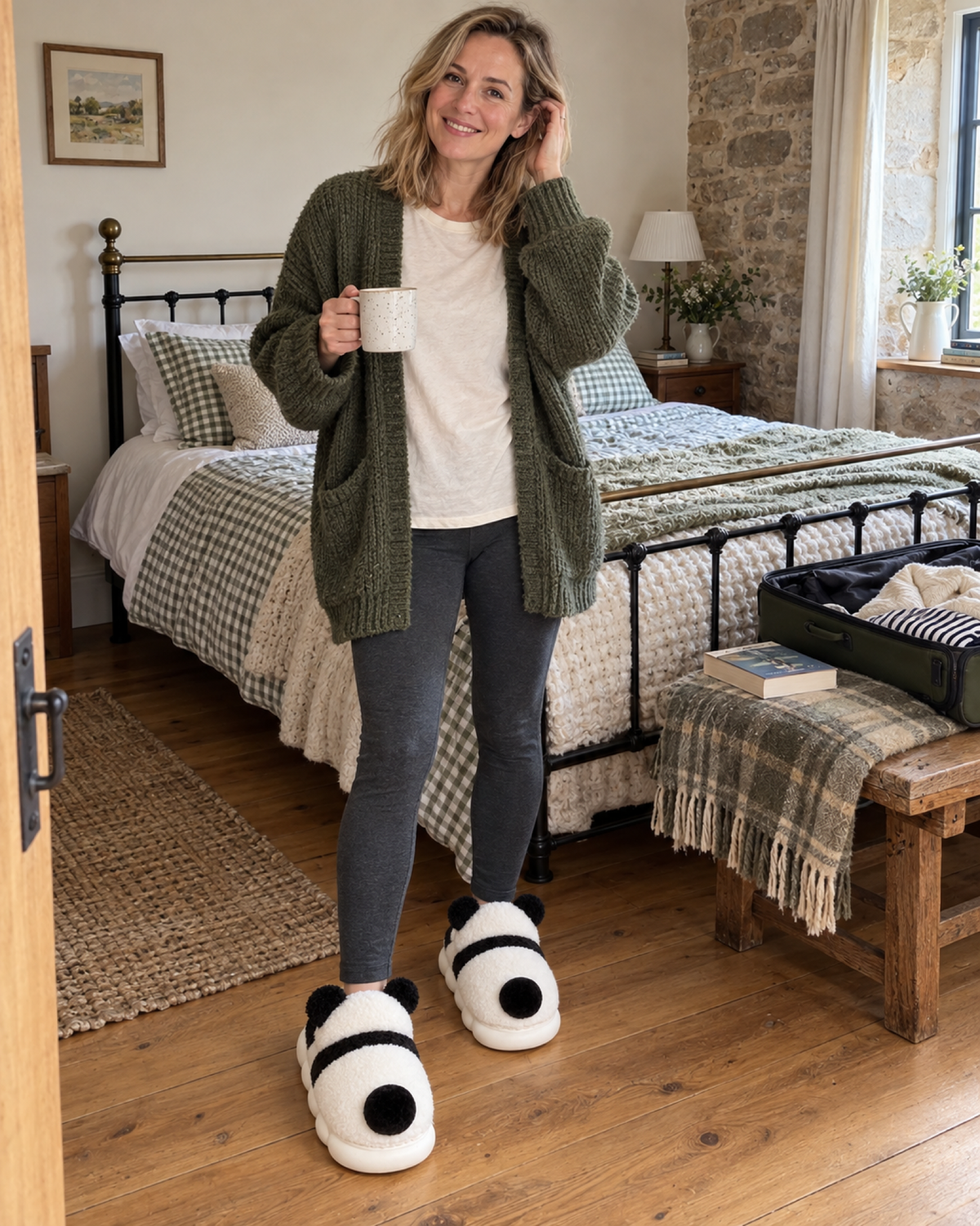 Woman in a country bedroom wearing plush panda slippers