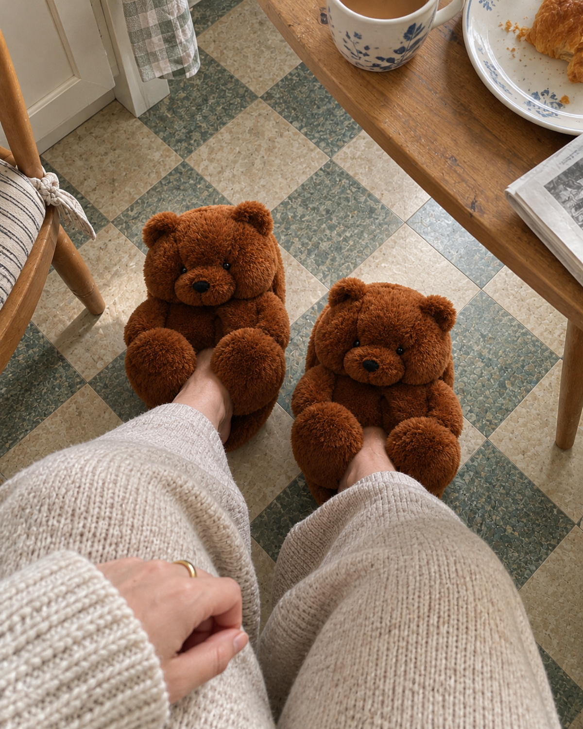 Downward view of dark brown teddy bear slippers in a lived-in kitchen
