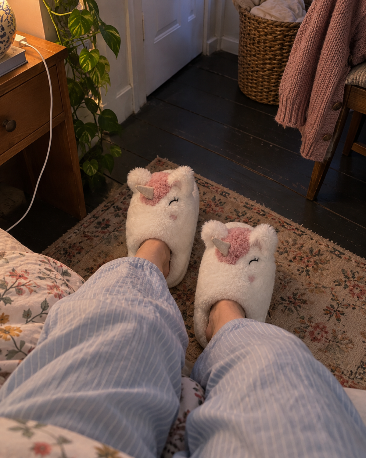 Downward view of white unicorn slippers in a softly lit bedroom