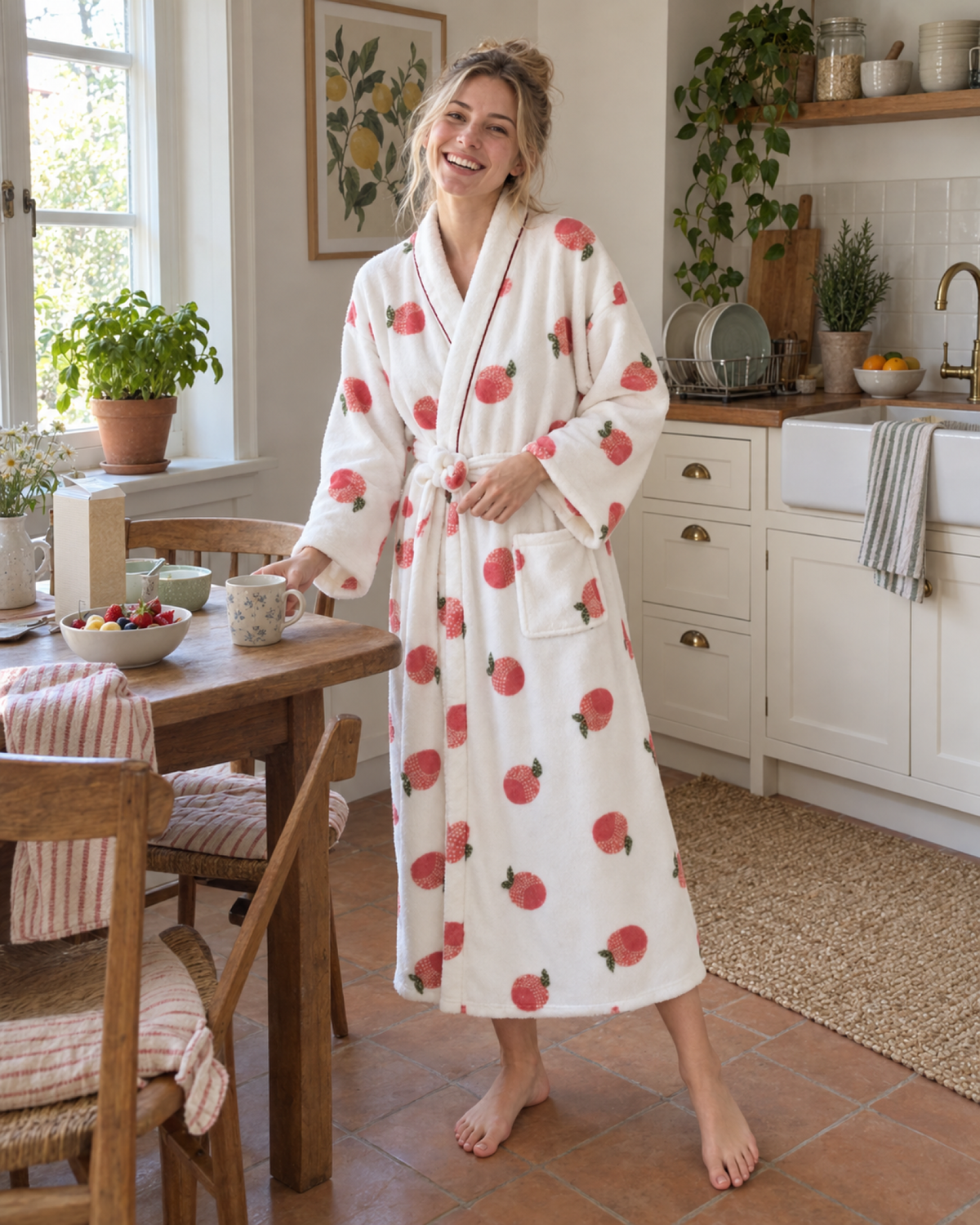 Woman in a bright kitchen wearing a white peach-print dressing gown