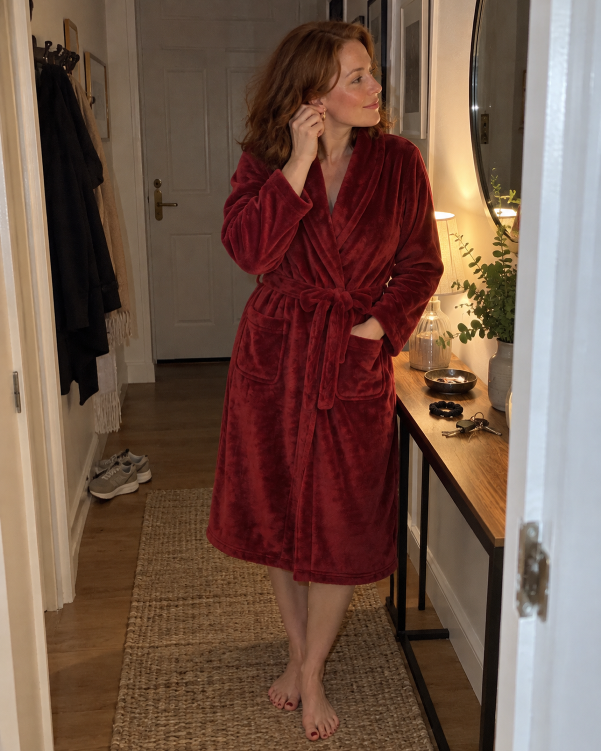 Woman getting ready in a hallway wearing a red fleece dressing gown