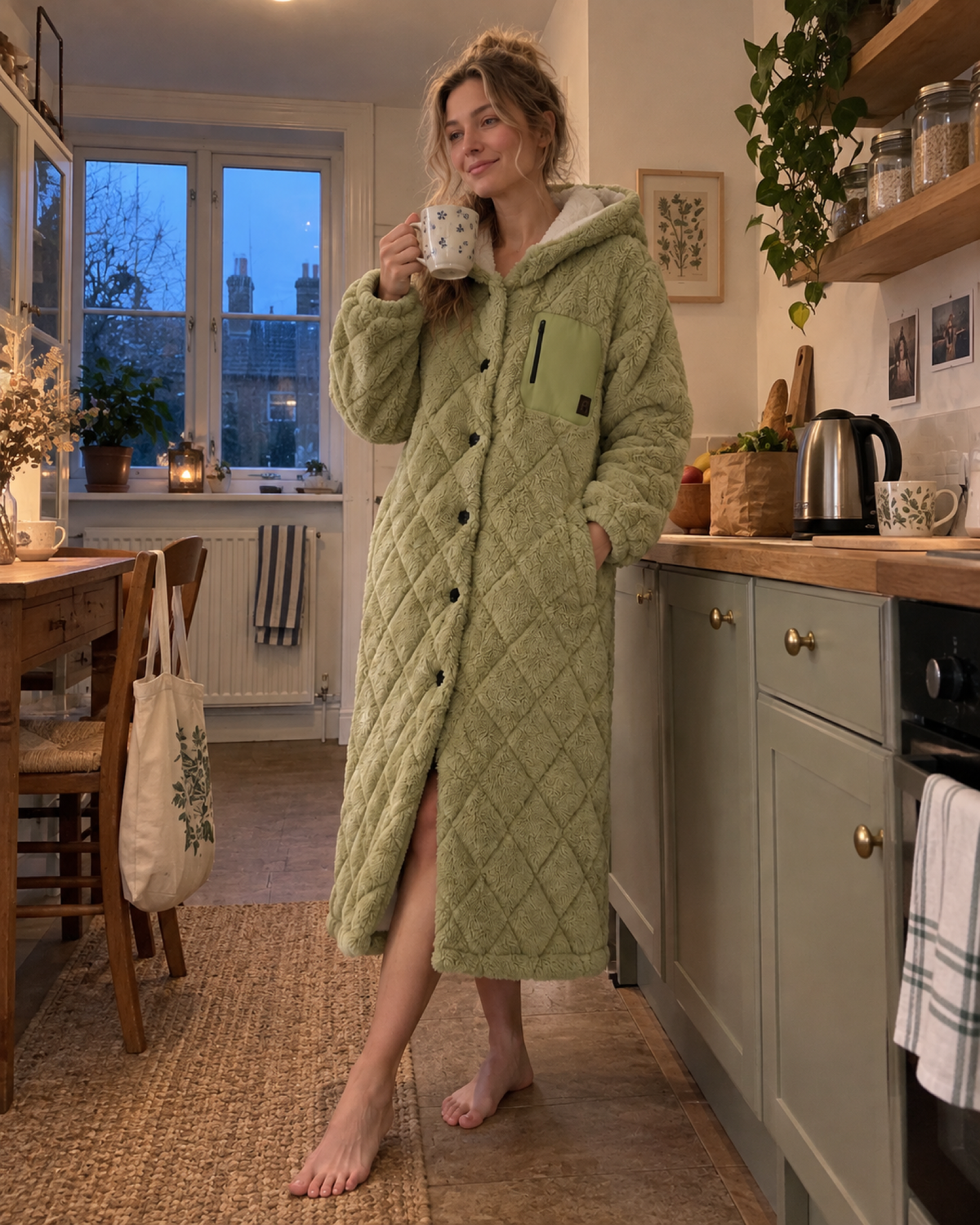 Woman in an early-morning kitchen wearing an olive quilted hooded dressing gown
