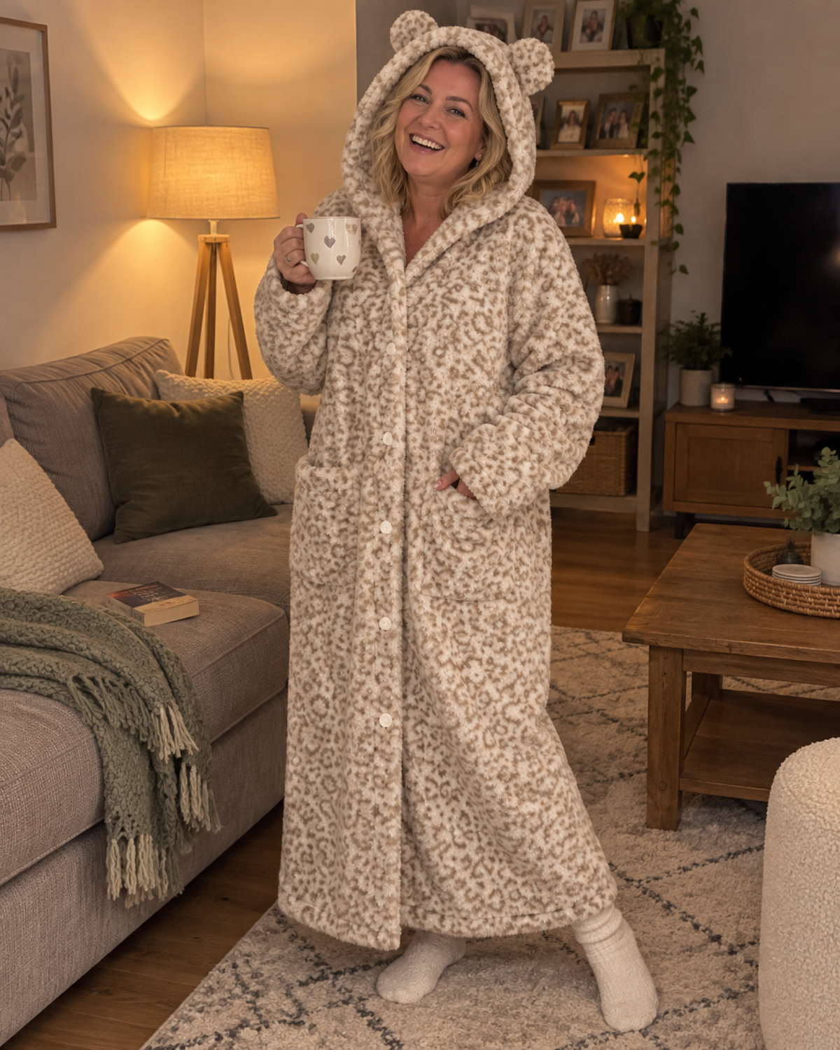 Woman laughing in a sitting room wearing a leopard-print hooded dressing gown