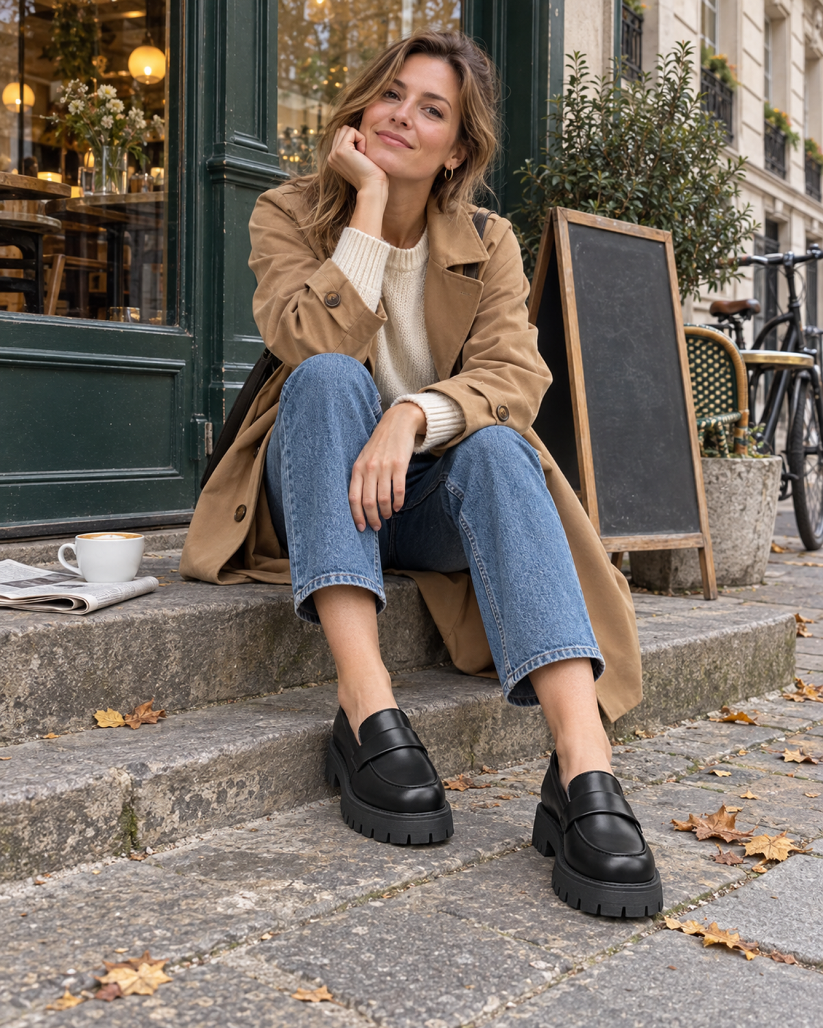 Woman seated outside a café wearing black chunky platform loafers
