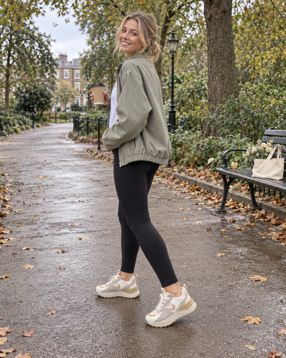 Woman on a park walk wearing beige layered platform trainers