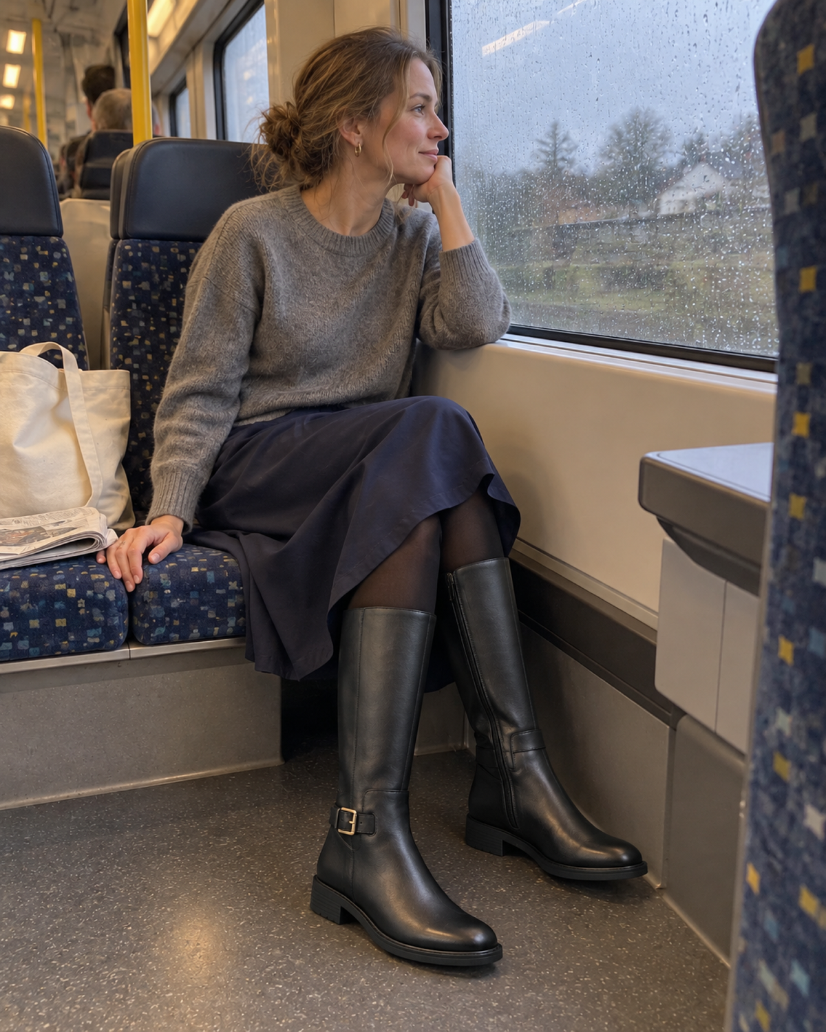 Woman travelling by train in black knee-high buckle boots