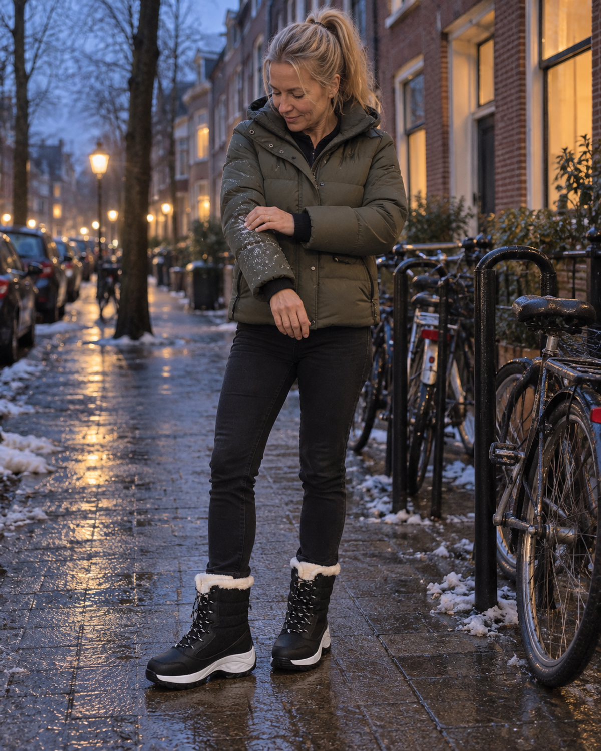 Woman on a winter street wearing black faux-fur lace-up snow boots