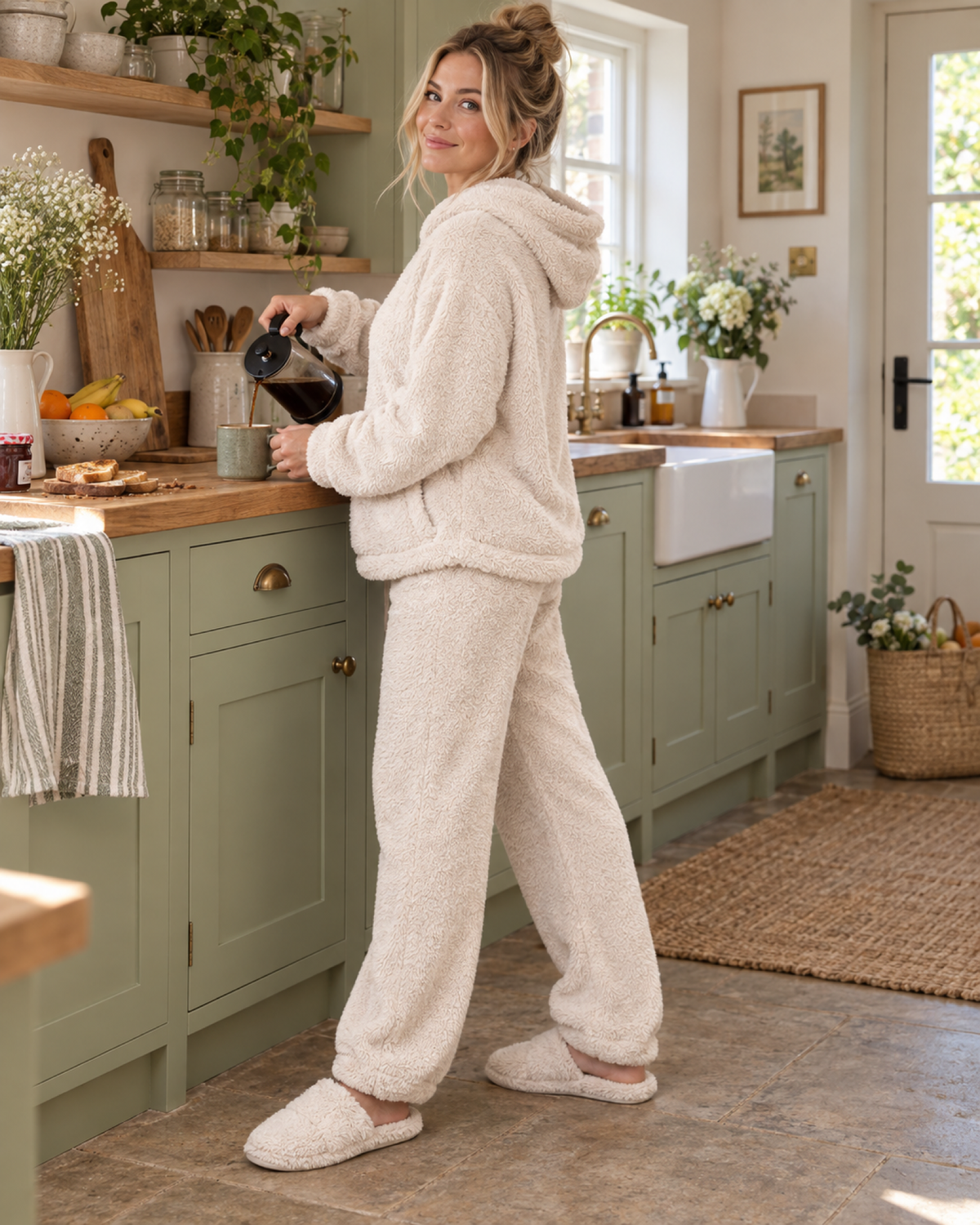 Woman pouring coffee in an apricot plush hooded loungewear set