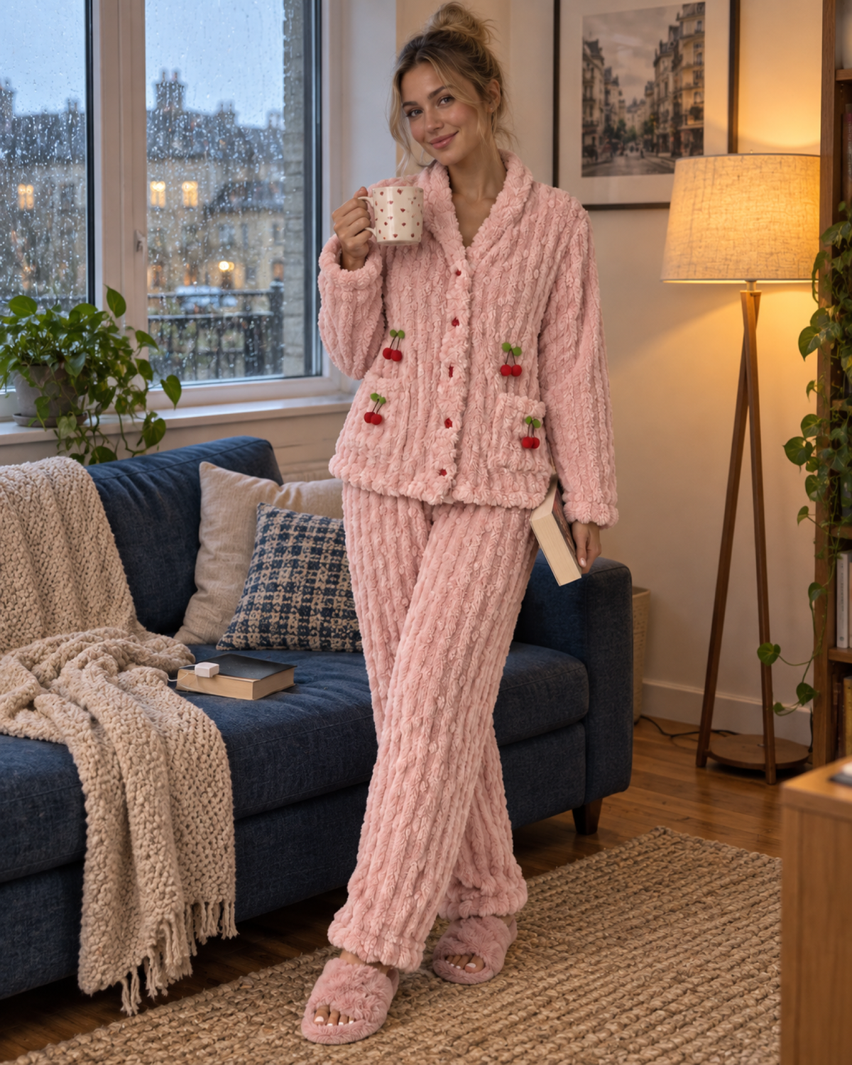 Woman holding a book and mug in pink ribbed fleece pyjamas