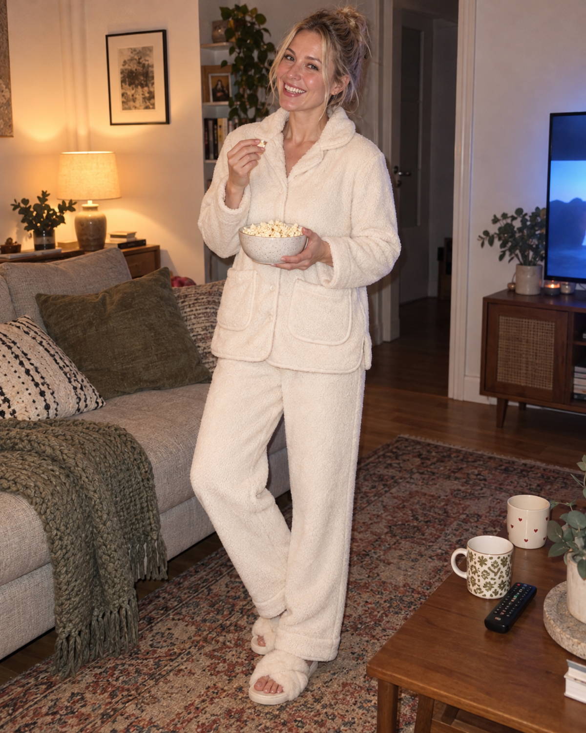 Woman holding popcorn in a beige button-up fleece pyjama set