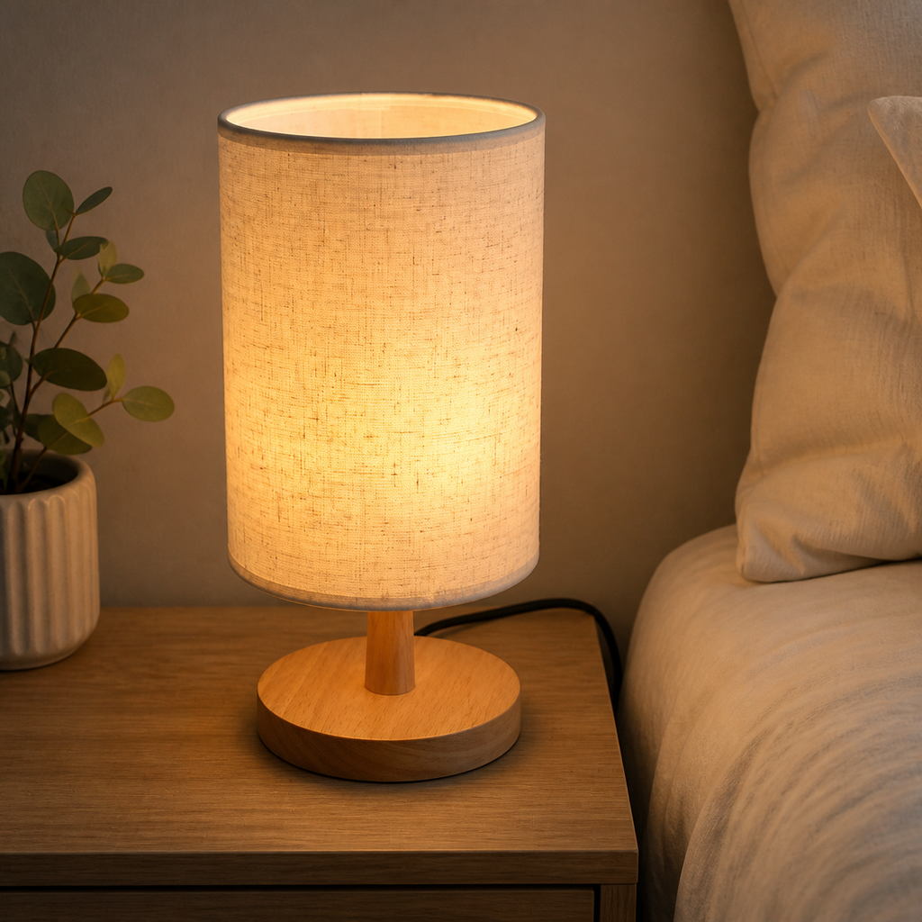 Wooden table lamp with a glowing beige fabric shade on a bedside table