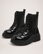 Women's Platform Ankle Boots – Quilted Lace-Up Style in Black