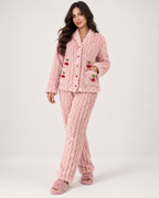 Women's Fleece Pyjamas – Ribbed Button-Up Set, full-length studio view