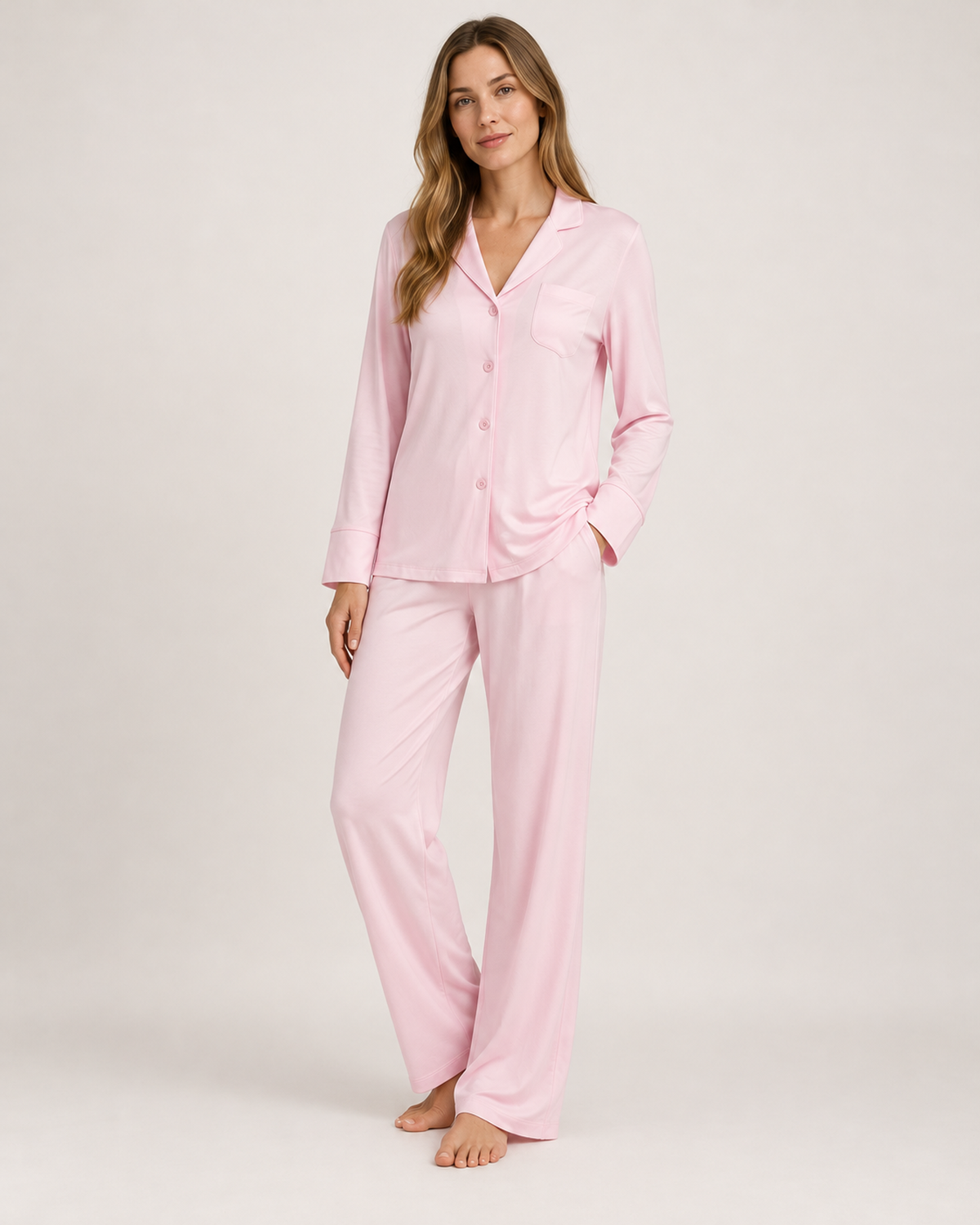 Women's Pyjama Set – Button-Up Long Sleeve Style, full-length studio view