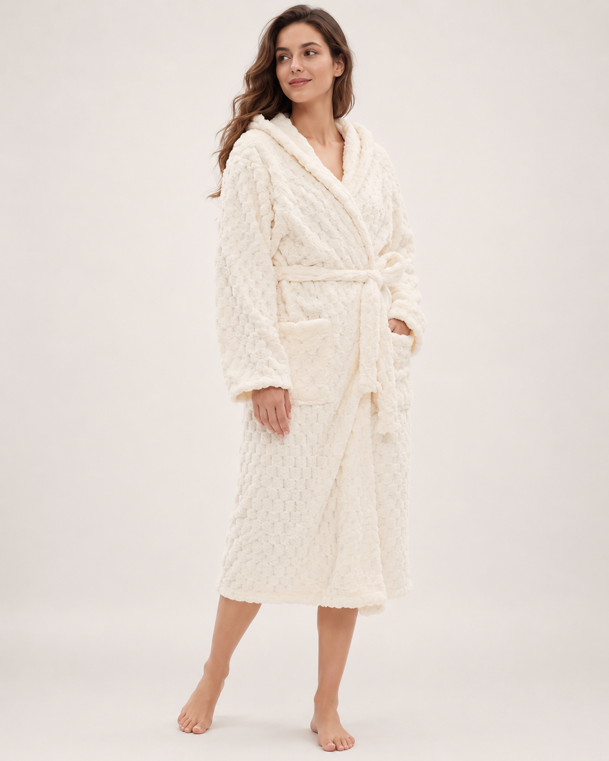 Women's Textured Hooded Dressing Gown – Long Wrap Style in Ivory