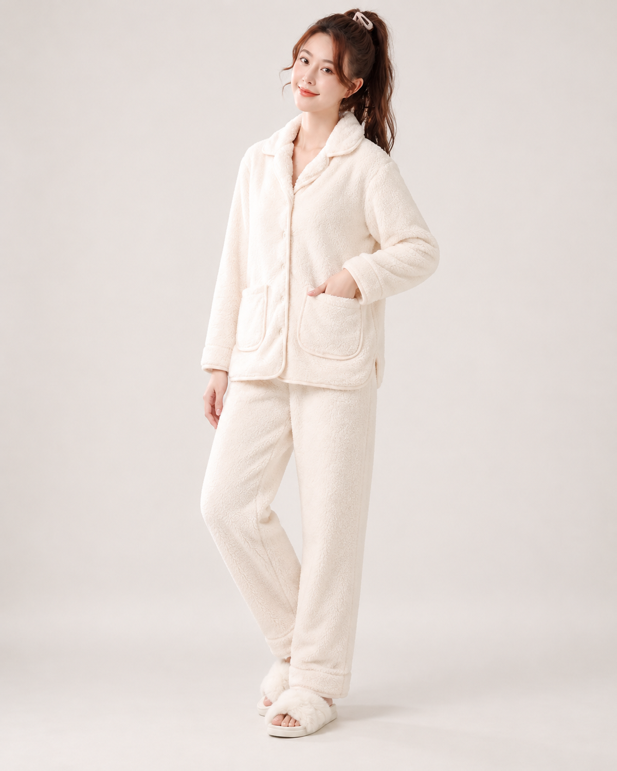 Women's Fleece Pyjamas – Button-Up Two-Piece Set, full-length studio view