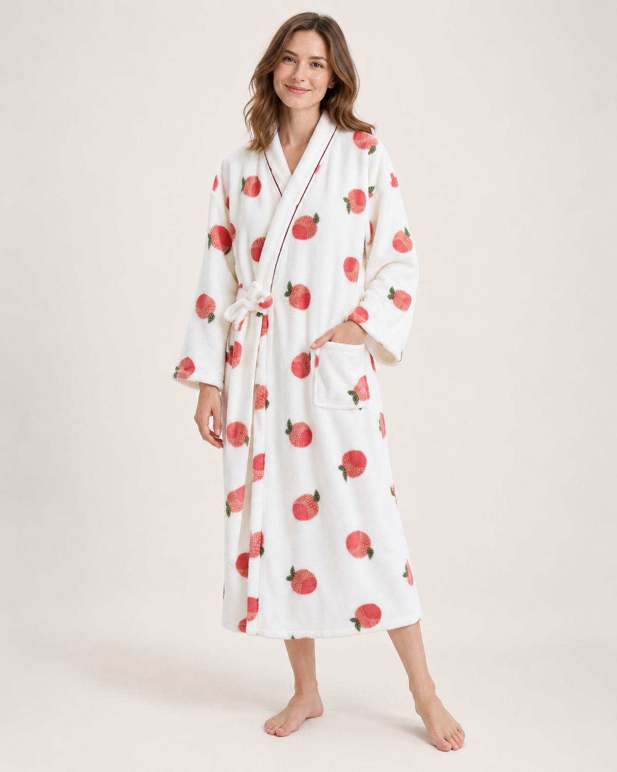 Women's Peach Print Dressing Gown – Long Wrap Style in Peach Print