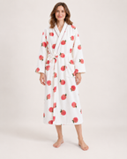 Women's Peach Print Dressing Gown – Long Wrap Style, straight front full length