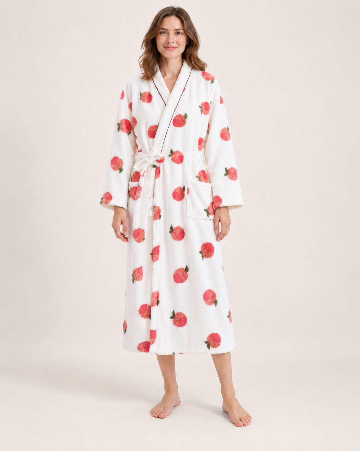 Women's Peach Print Dressing Gown – Long Wrap Style, straight front full length