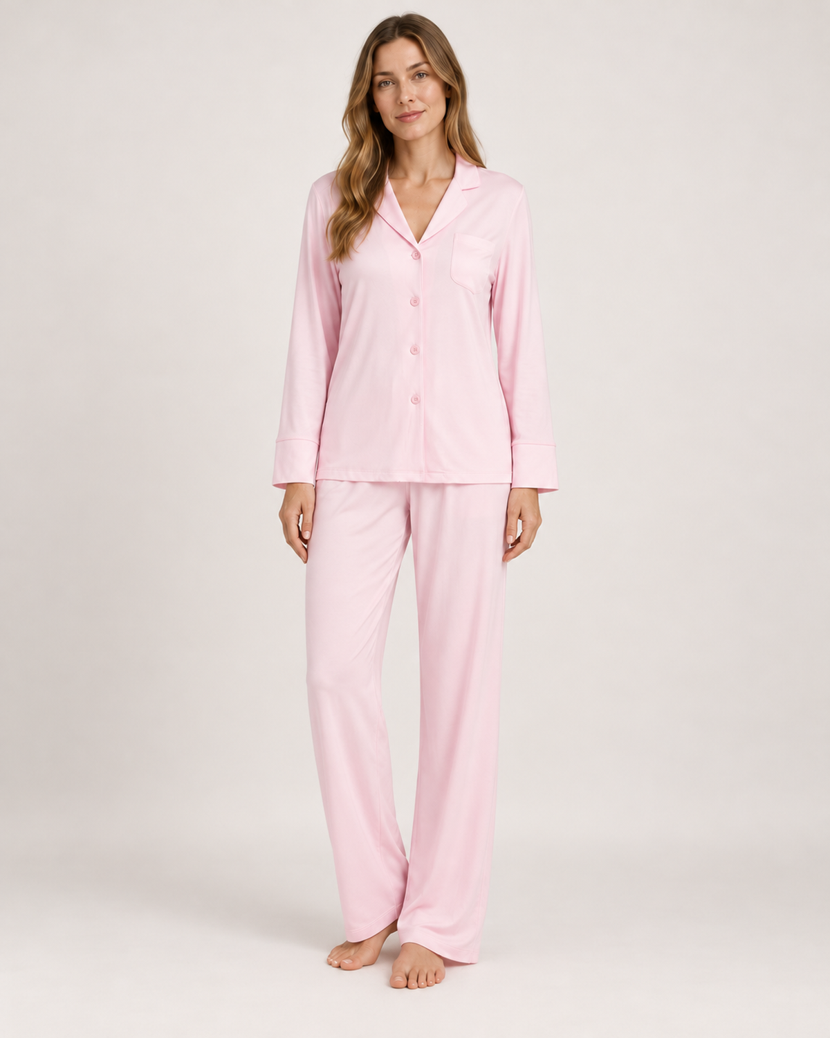 Women's Pyjama Set – Button-Up Long Sleeve Style, straight front full length