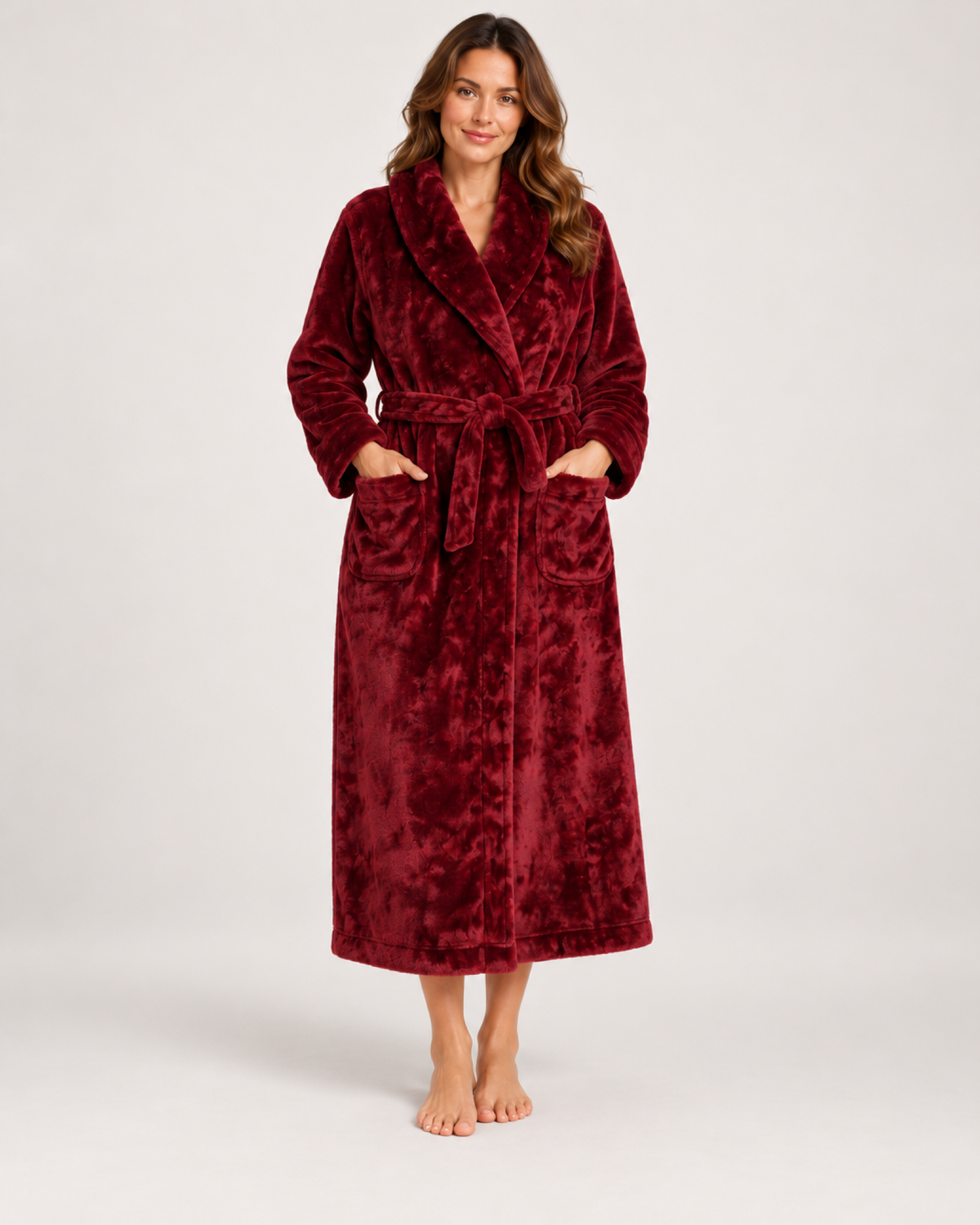 Women's Fleece Dressing Gown – Long Wrap Style, straight front full length