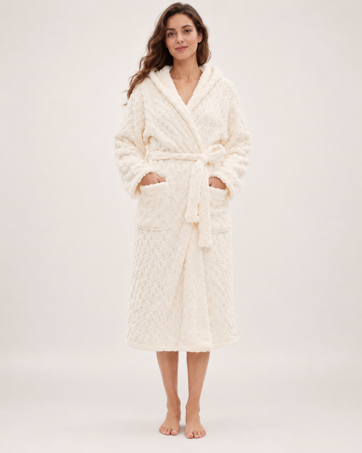Women's Textured Hooded Dressing Gown – Long Wrap Style, straight front full length