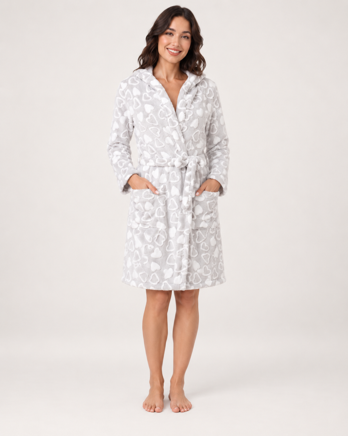 Women's Heart Print Hooded Dressing Gown, straight front full length