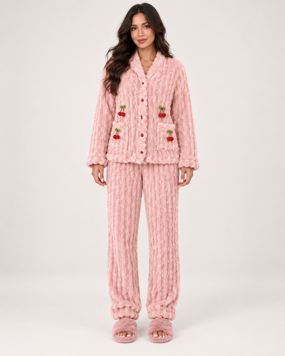 Women's Fleece Pyjamas – Ribbed Button-Up Set, straight front full length