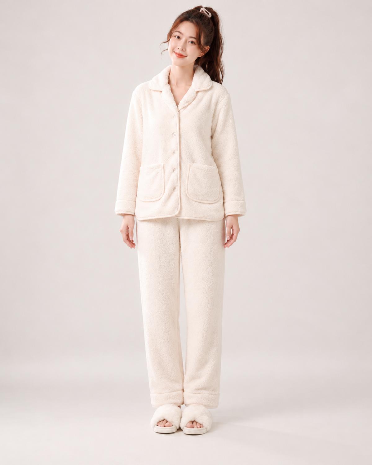 Women's Fleece Pyjamas – Button-Up Two-Piece Set, straight front full length