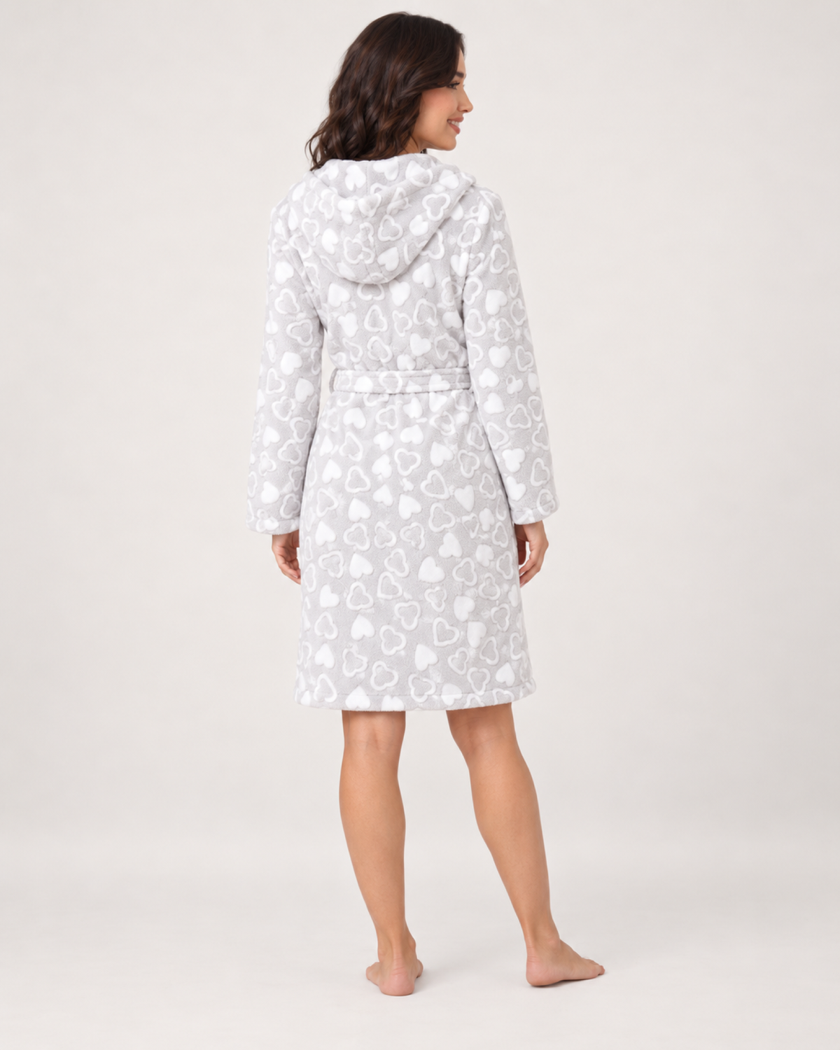 Women's Heart Print Hooded Dressing Gown, rear full length