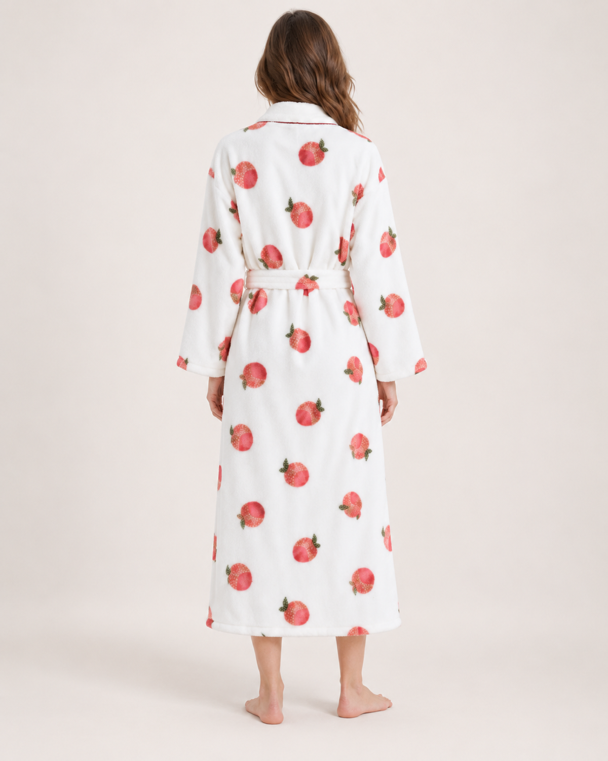 Women's Peach Print Dressing Gown – Long Wrap Style, rear full length