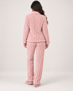 Women's Fleece Pyjamas – Ribbed Button-Up Set, rear full length