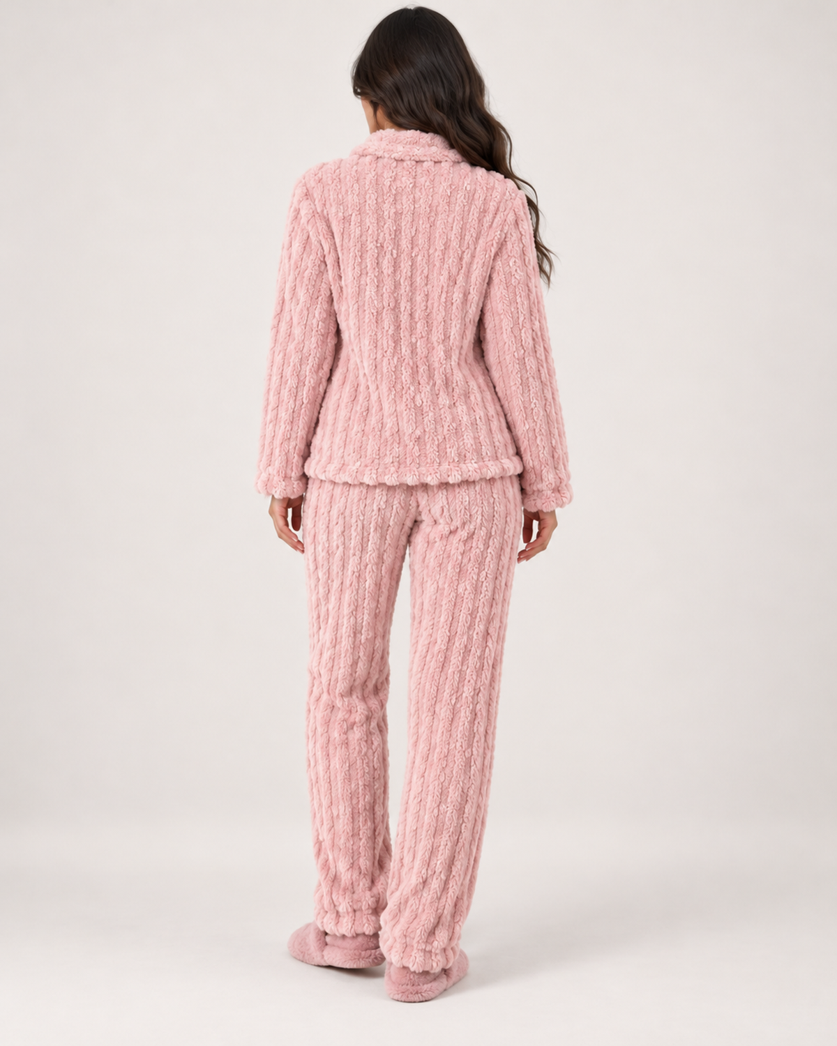 Women's Fleece Pyjamas – Ribbed Button-Up Set, rear full length