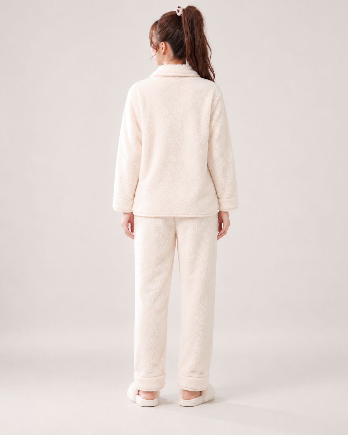 Women's Fleece Pyjamas – Button-Up Two-Piece Set, rear full length