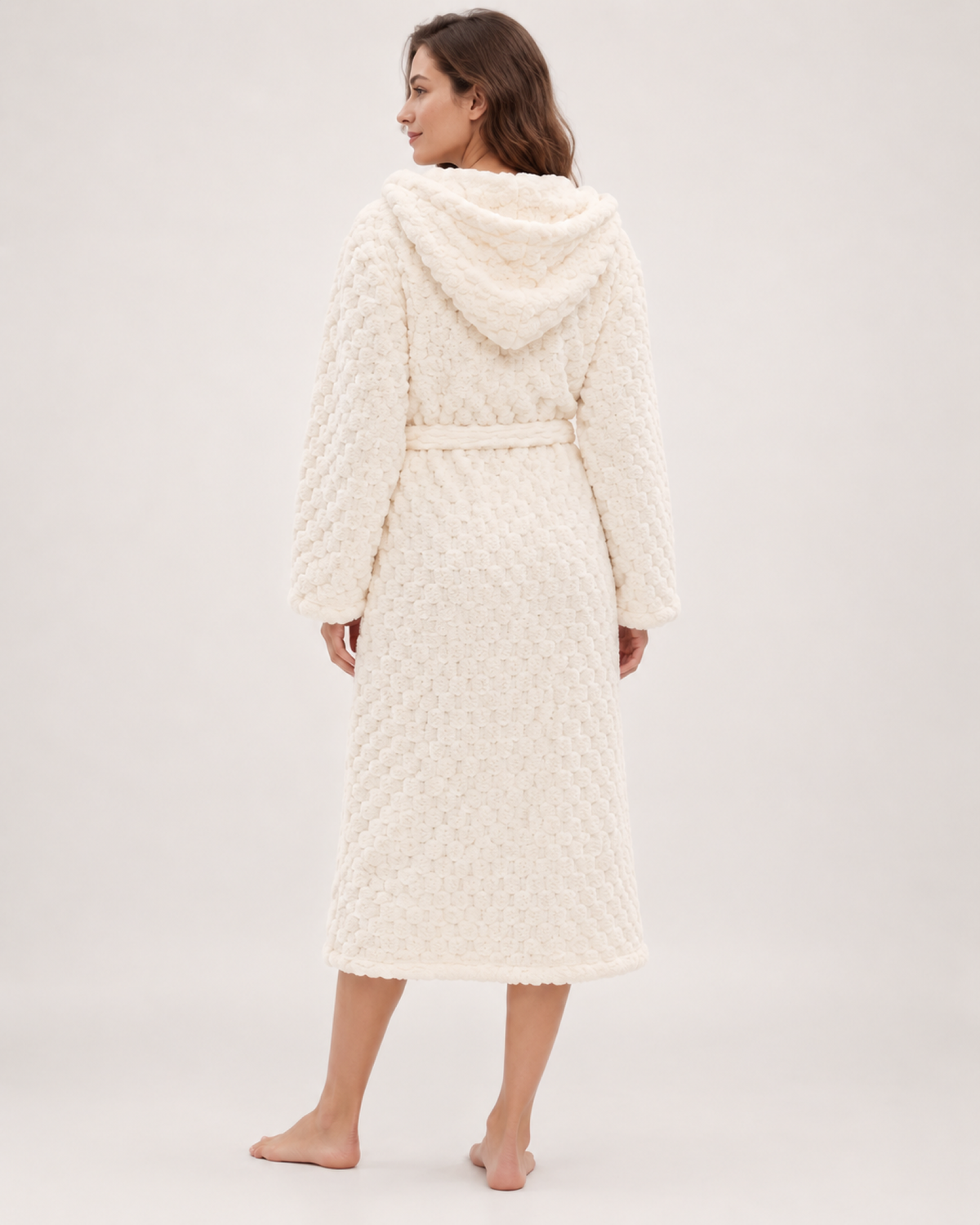 Women's Textured Hooded Dressing Gown – Long Wrap Style, rear full length