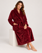 Women's Fleece Dressing Gown – Long Wrap Style, seated studio