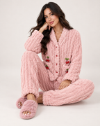 Women's Fleece Pyjamas – Ribbed Button-Up Set, natural seated studio