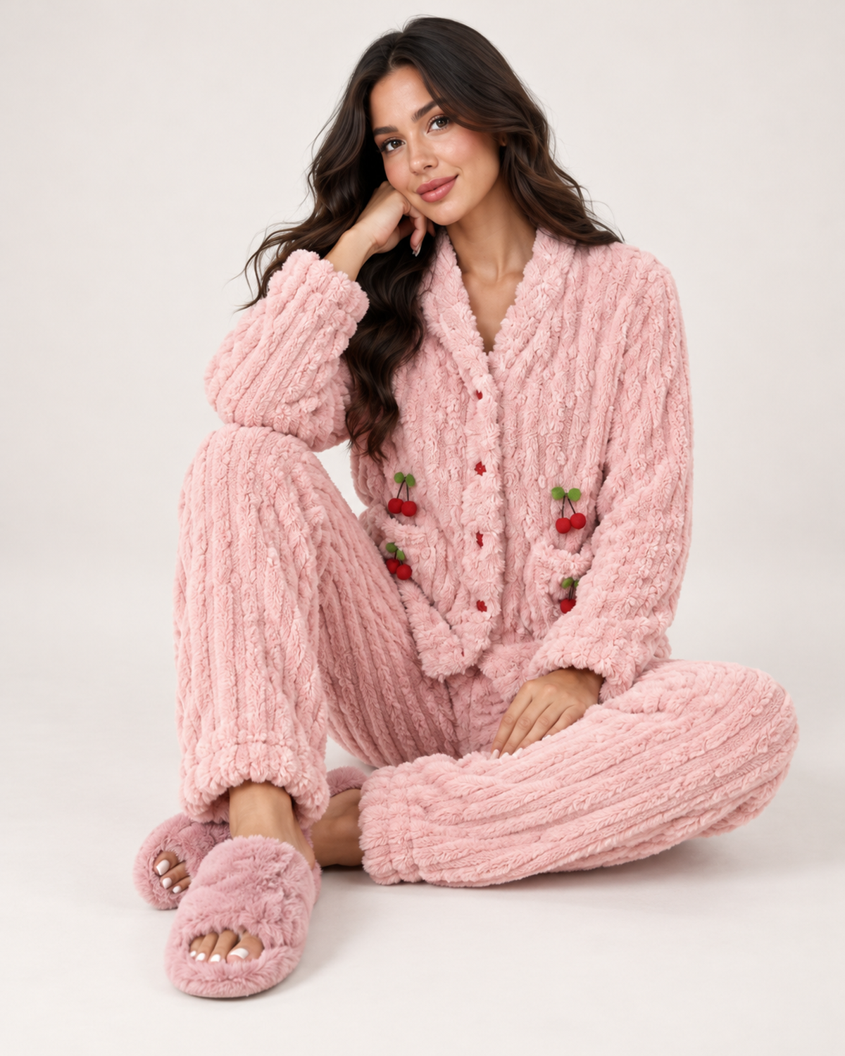 Women's Fleece Pyjamas – Ribbed Button-Up Set, natural seated studio