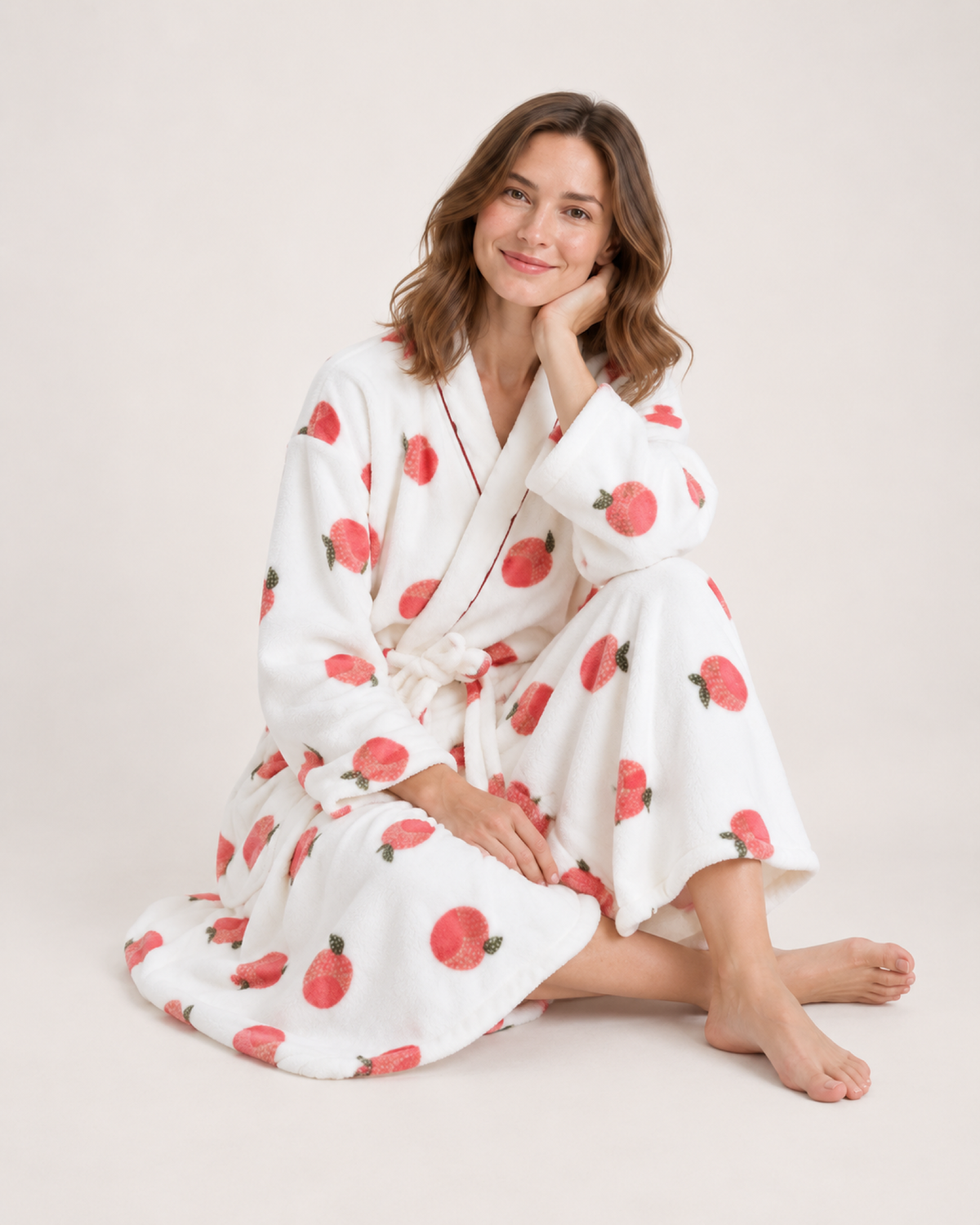 Women's Peach Print Dressing Gown – Long Wrap Style, seated studio