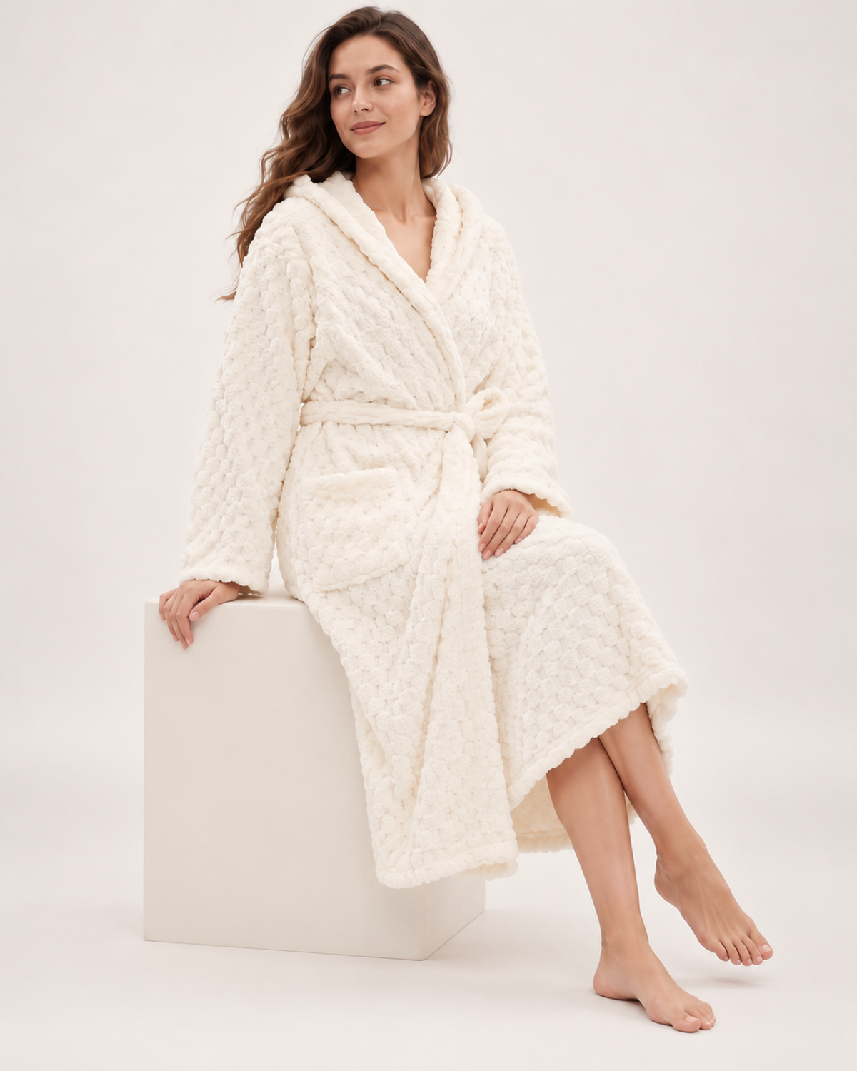 Women's Textured Hooded Dressing Gown – Long Wrap Style, seated studio