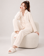 Women's Fleece Pyjamas – Button-Up Two-Piece Set, natural seated studio