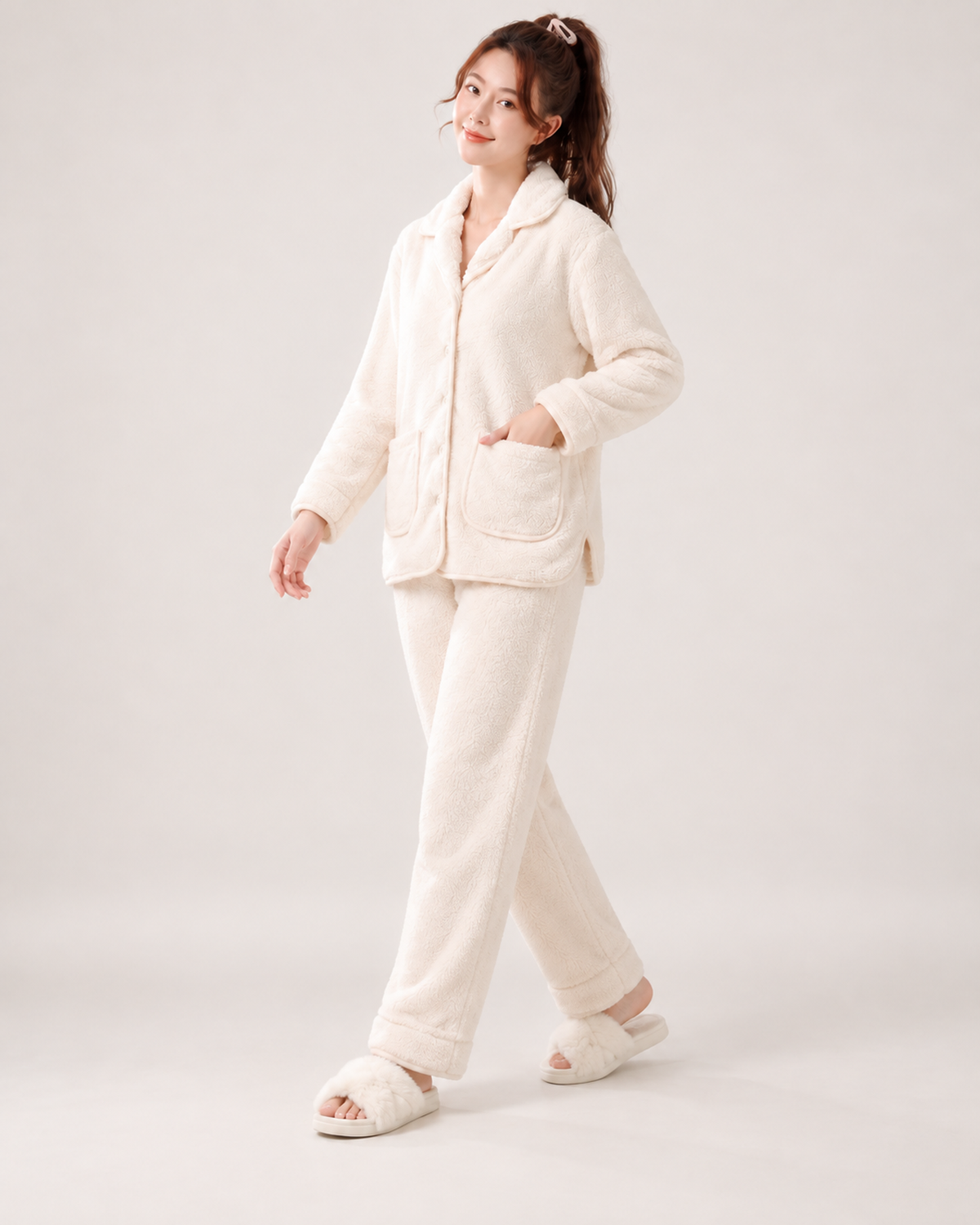Women's Fleece Pyjamas – Button-Up Two-Piece Set, controlled side step